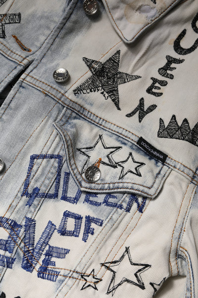 Dolce & Gabbana Hellblaue Graffiti-Denimjacke mit Knopfleiste