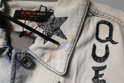 Dolce & Gabbana Hellblaue Graffiti-Denimjacke mit Knopfleiste