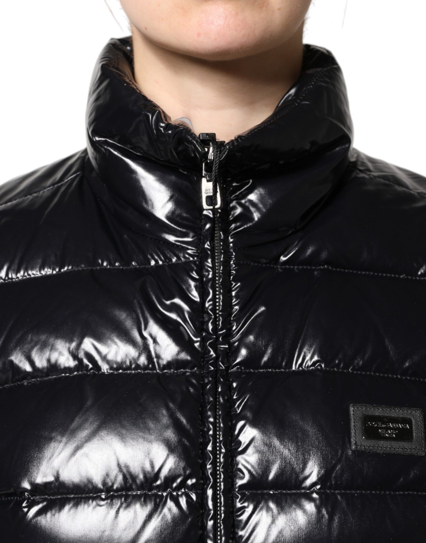 Dolce & Gabbana Schwarze Logo-Plakette Full Zip Pufferjacke