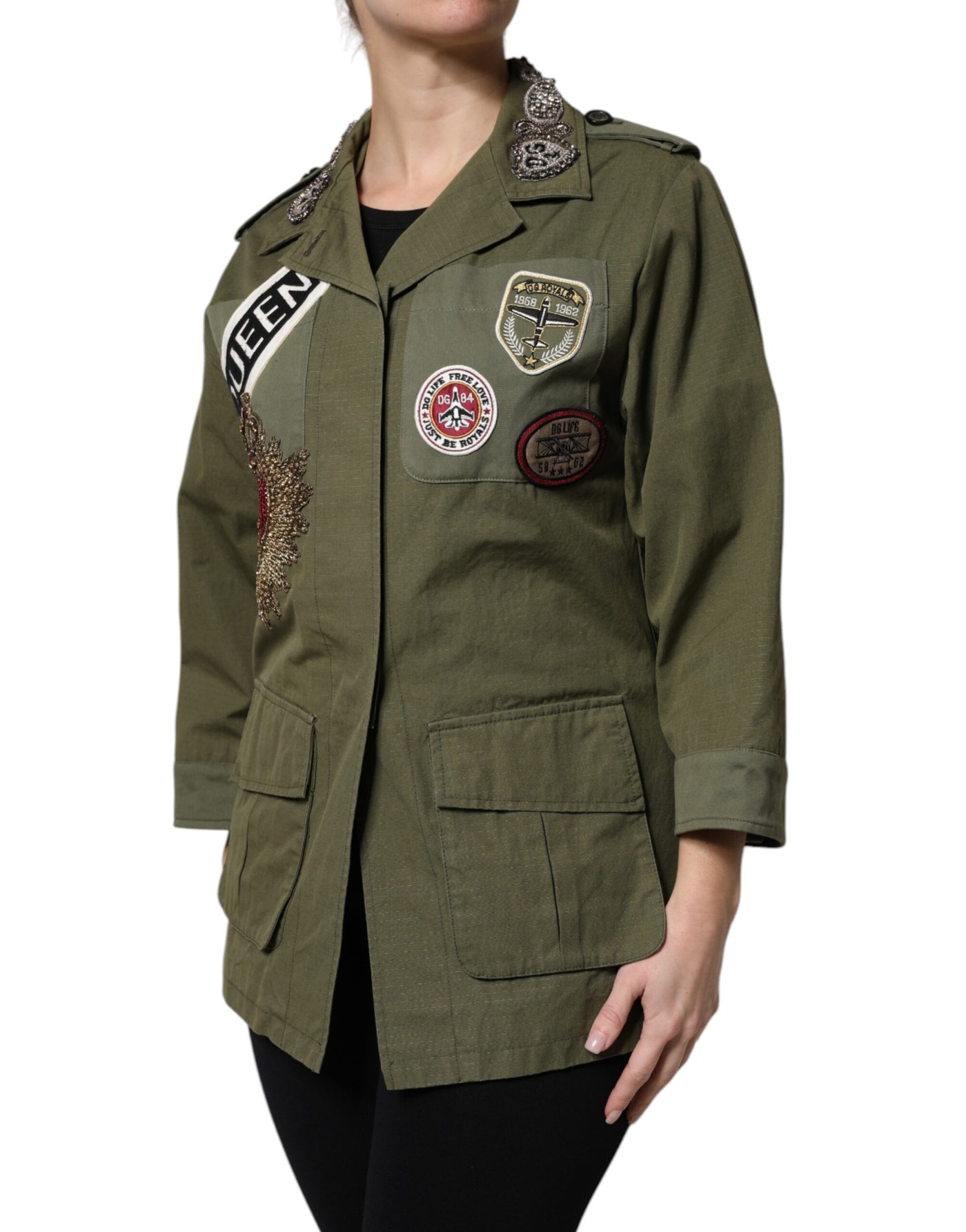 Dolce & Gabbana Militärgrüner verschnörkelter Mantel Jacke Queen