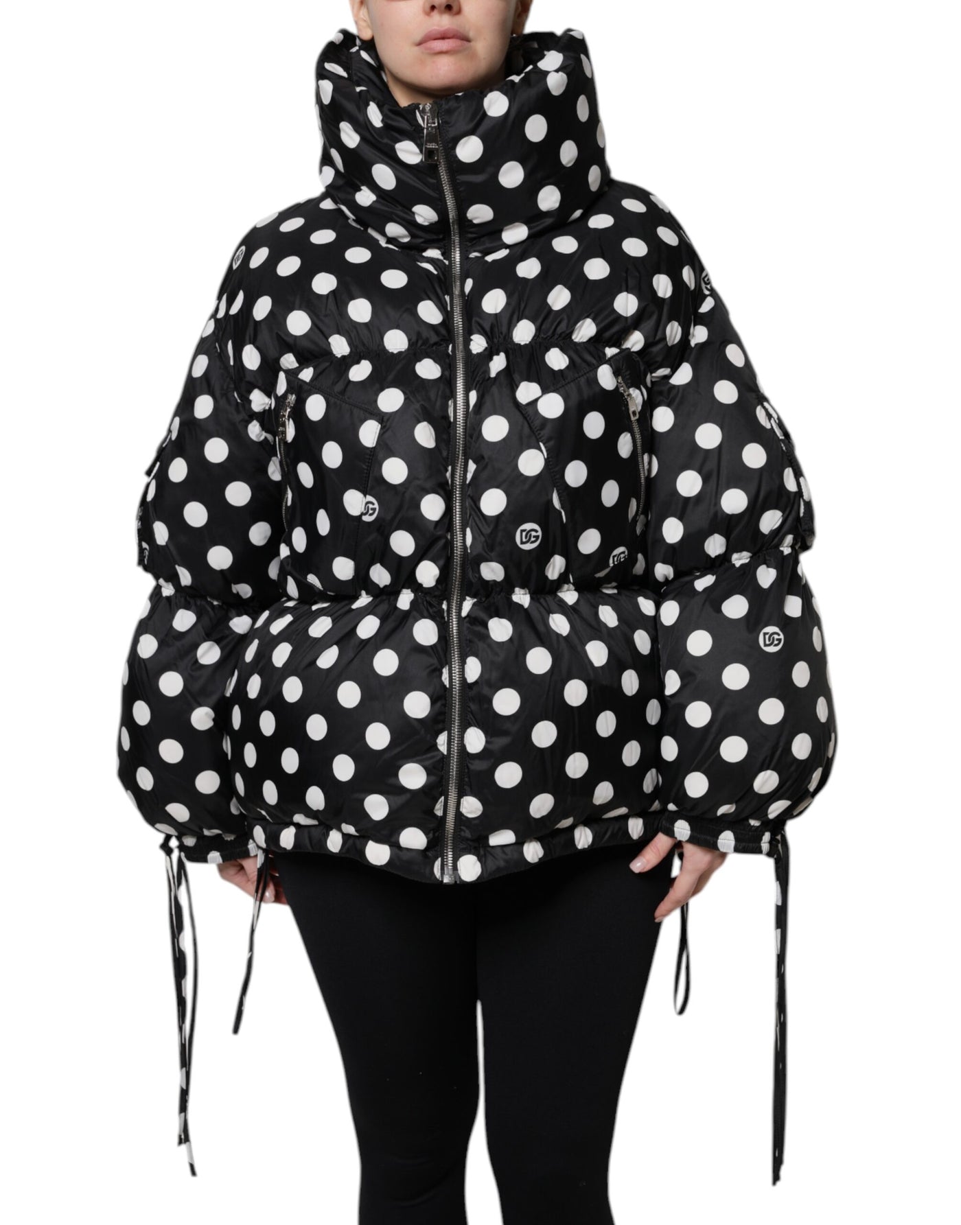 Dolce & Gabbana Schwarz-weiß gepunktete Pufferjacke mit durchgehendem Reißverschluss