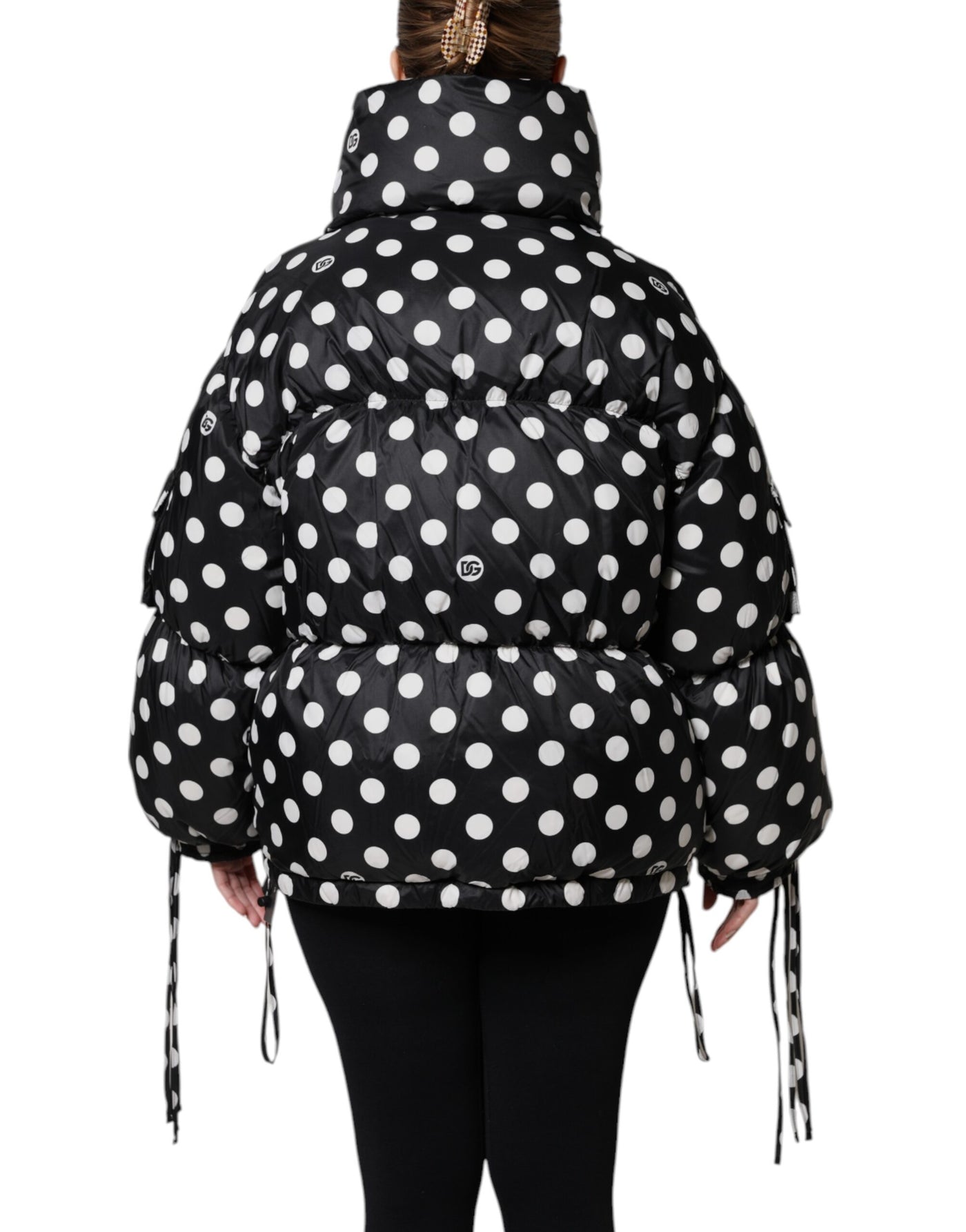 Dolce & Gabbana Schwarz-weiß gepunktete Pufferjacke mit durchgehendem Reißverschluss