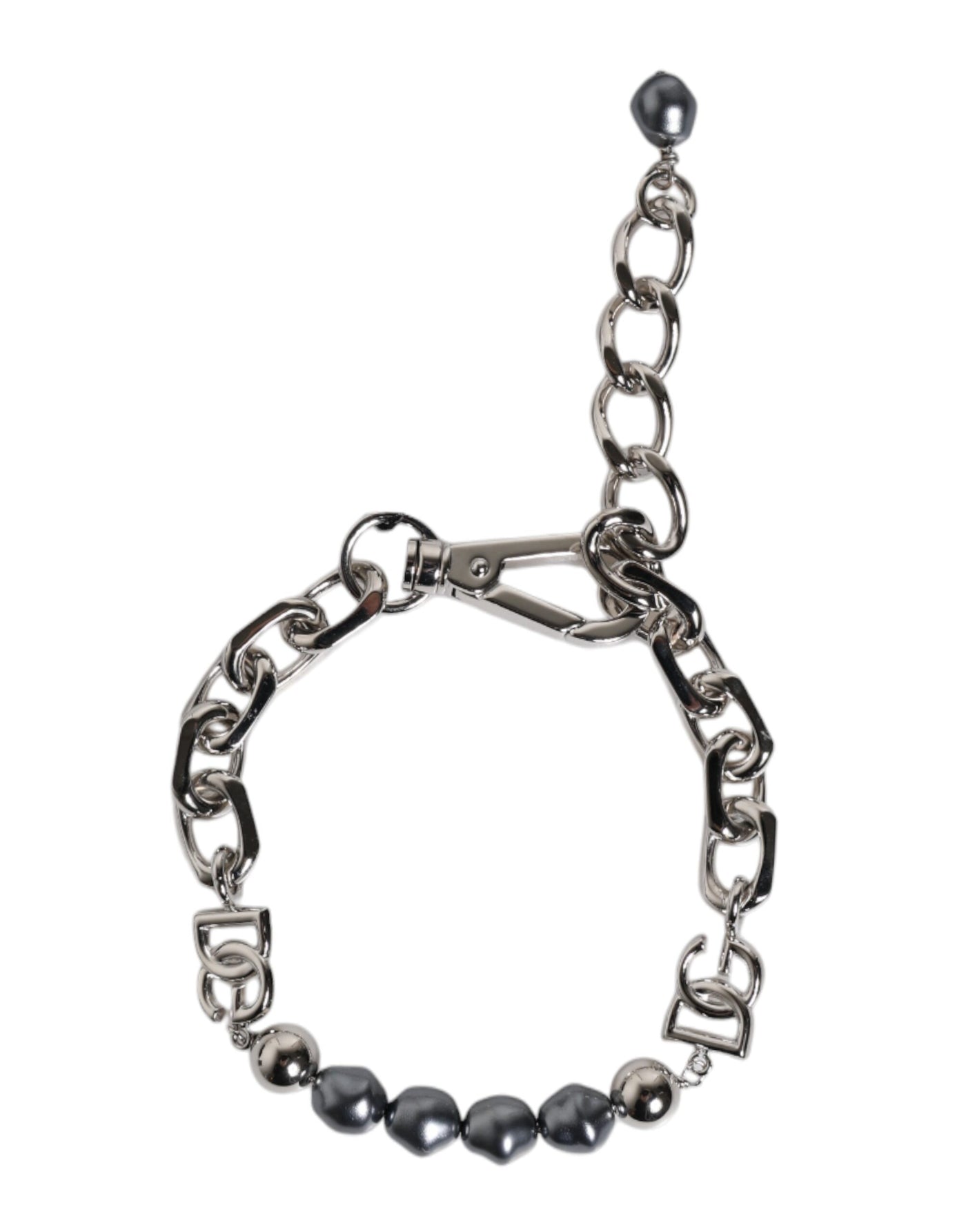 Dolce & Gabbana Silberfarbene Kette Karabinerverschluss Logo Graue Perlen Armband