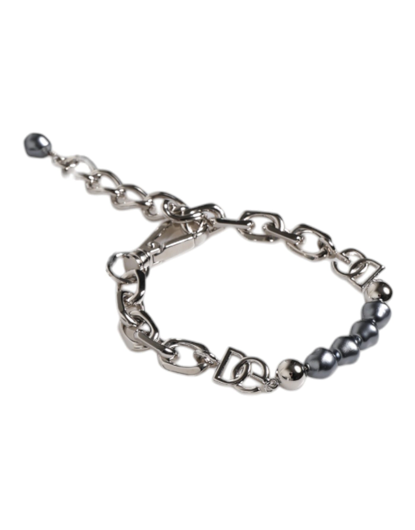 Dolce & Gabbana Silberfarbene Kette Karabinerverschluss Logo Graue Perlen Armband