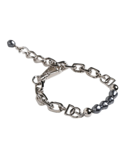 Dolce & Gabbana Silberfarbene Kette Karabinerverschluss Logo Graue Perlen Armband