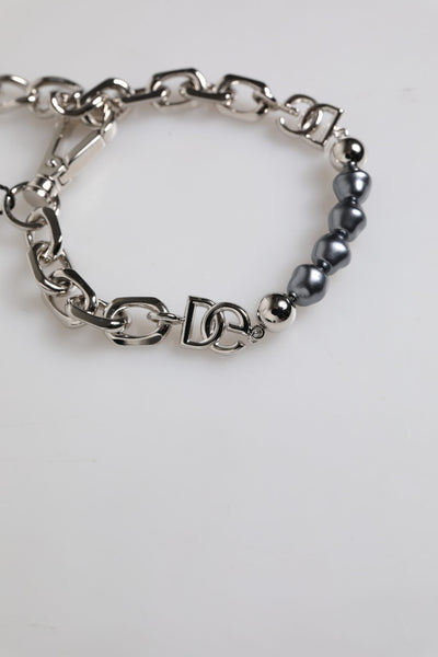 Dolce & Gabbana Silberfarbene Kette Karabinerverschluss Logo Graue Perlen Armband