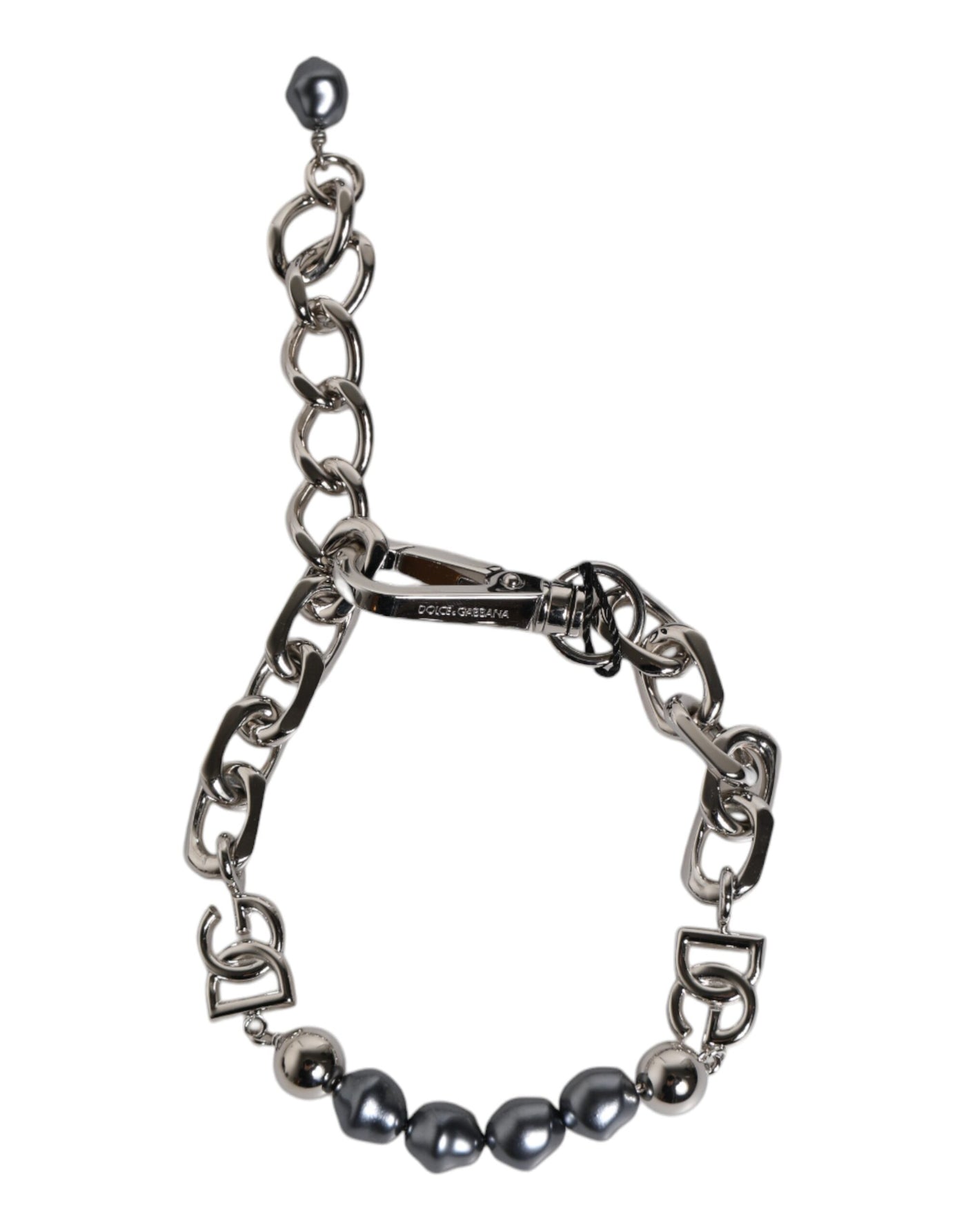 Dolce & Gabbana Silberfarbene Kette Karabinerverschluss Logo Graue Perlen Armband