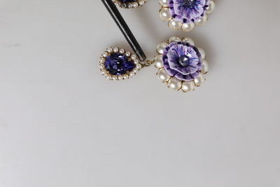 Dolce & Gabbana Lila Blume Perle Teardrop Kristalle Clip auf Ohrringe