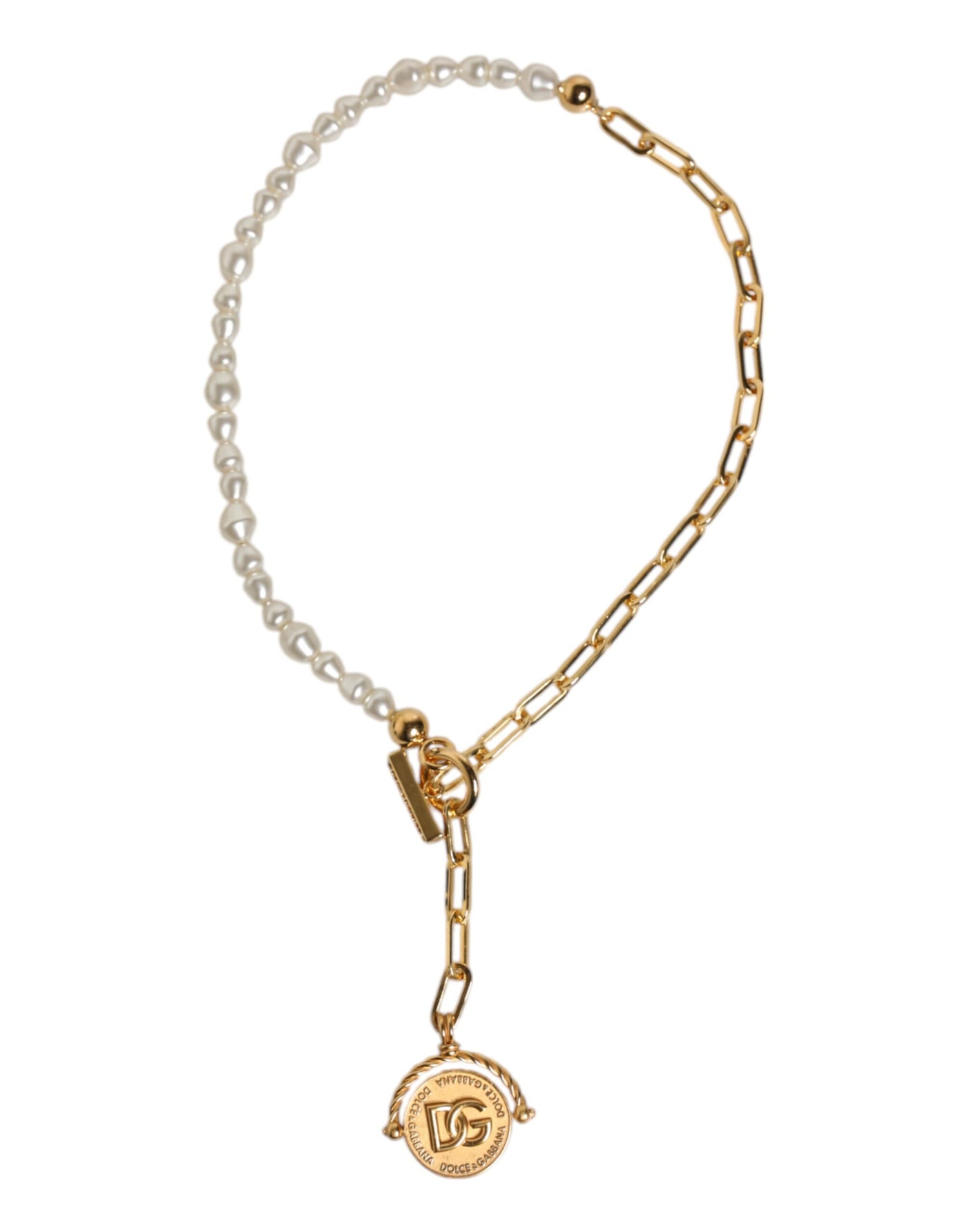 Dolce & Gabbana Goldkette Messing Faux Pearl Charm Logo Anhänger Halskette