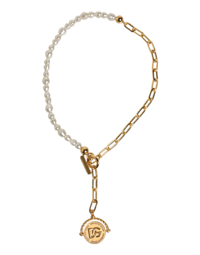 Dolce & Gabbana Goldkette Messing Faux Pearl Charm Logo Anhänger Halskette