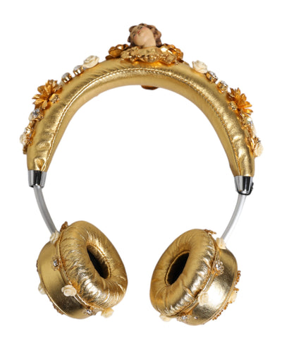 Dolce & Gabbana Gold Leder Floral Crystal Angel Headset Kopfhörer