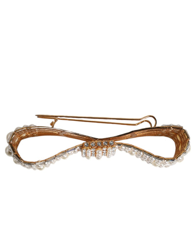 Dolce & Gabbana Gold-Ton Messing Bogen Kristall FauxPearl verschönert Brosche