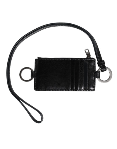 Dolce & Gabbana Schwarzes Leder mit Logo-Prägung Lanyard Kartenhalter Brieftasche