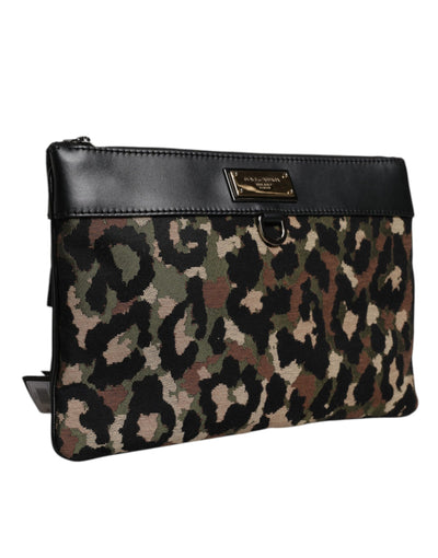 Dolce & Gabbana Multicolor Leopard Jacquard Print Logo Plaque Pouch Tasche