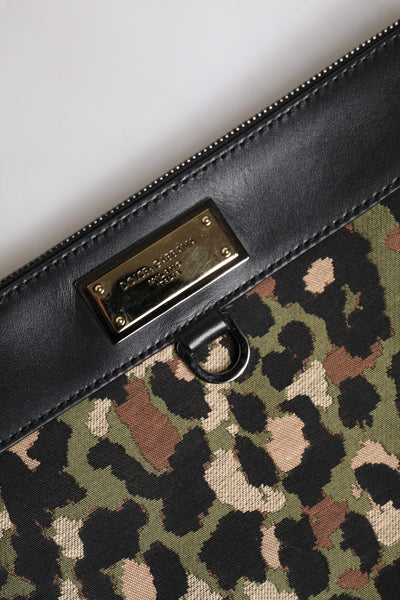 Dolce & Gabbana Multicolor Leopard Jacquard Print Logo Plaque Pouch Tasche