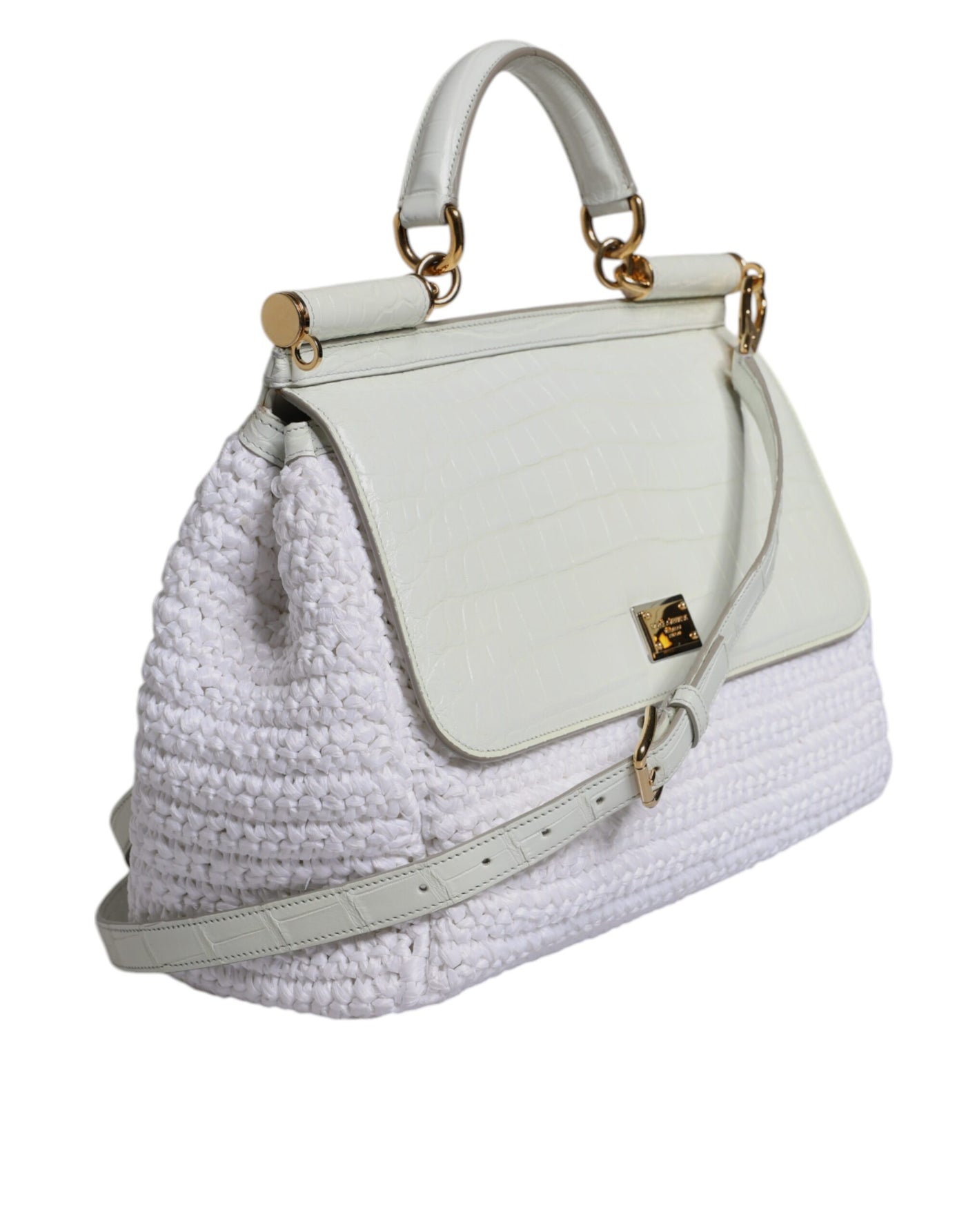 Dolce & Gabbana Weiße Rafia Leder Umhängetasche mit oberem Griff