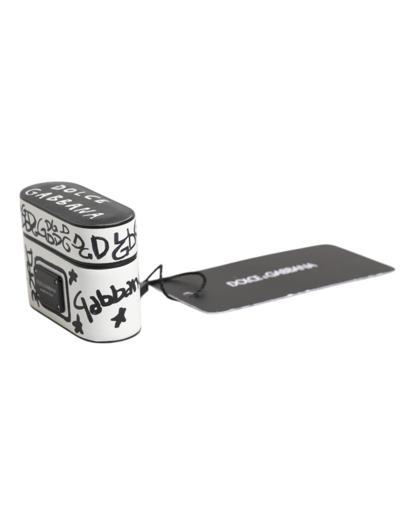Dolce & Gabbana Schwarzes weißes Leder Scribble mit geprägtem Logo Airpods Etui