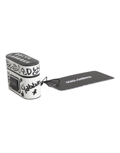 Dolce & Gabbana Schwarzes weißes Leder Scribble mit geprägtem Logo Airpods Etui