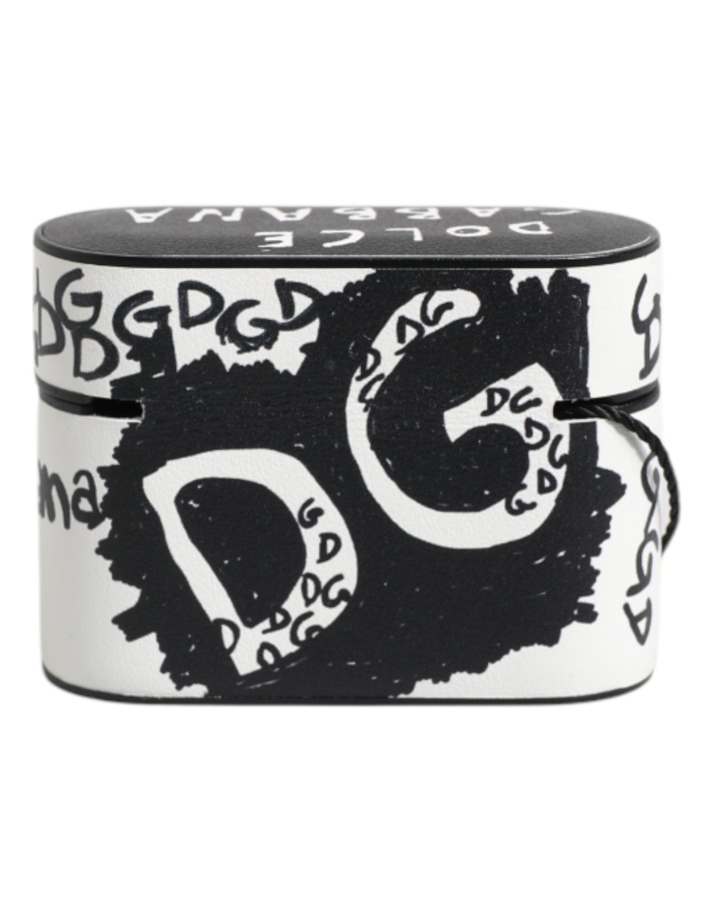 Dolce & Gabbana Schwarzes weißes Leder Scribble mit geprägtem Logo Airpods Etui