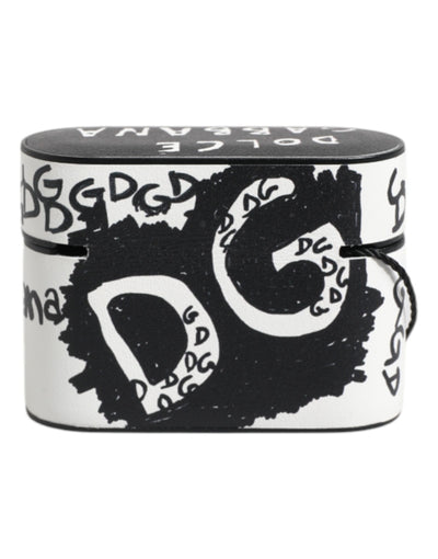 Dolce & Gabbana Schwarzes weißes Leder Scribble mit geprägtem Logo Airpods Etui