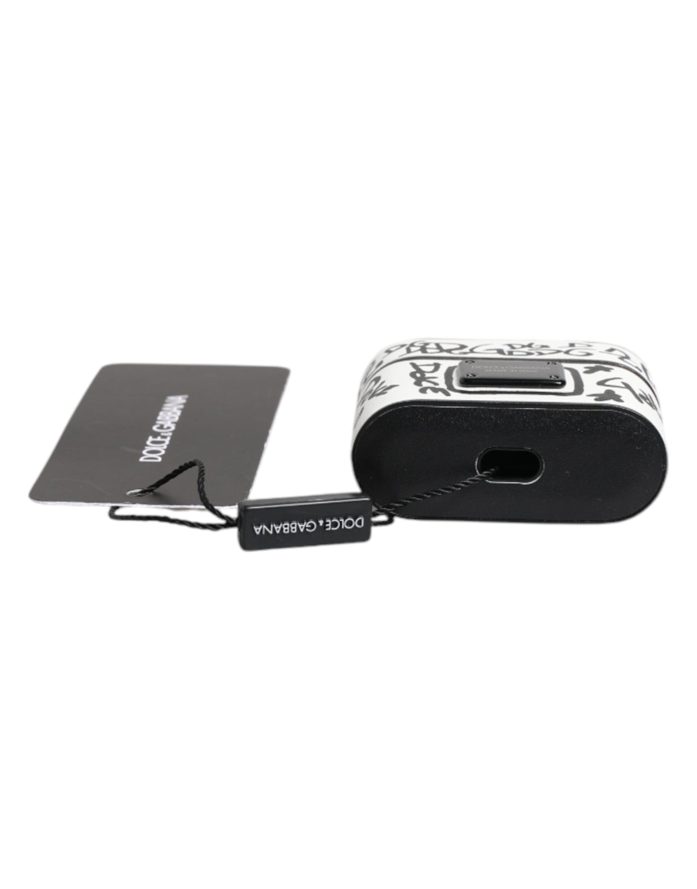 Dolce & Gabbana Schwarzes weißes Leder Scribble mit geprägtem Logo Airpods Etui
