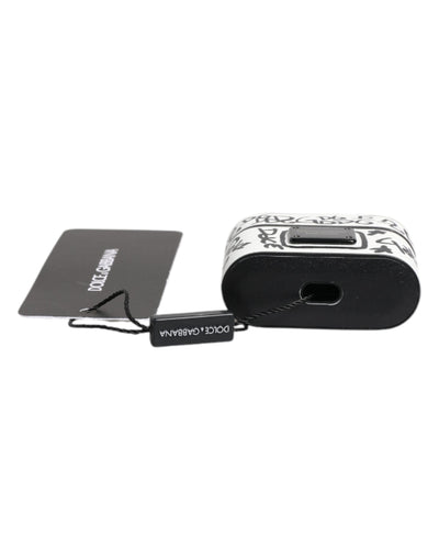 Dolce & Gabbana Schwarzes weißes Leder Scribble mit geprägtem Logo Airpods Etui