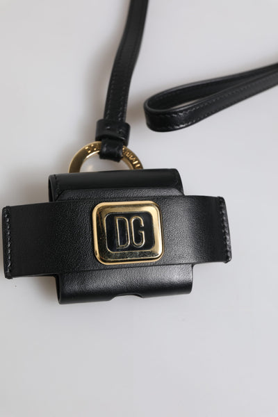 Dolce & Gabbana Schwarzer Lederriemen Gold Metall Logo Plaque Airpods Fall