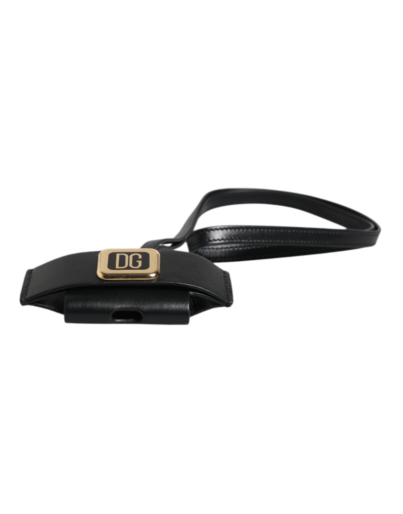 Dolce & Gabbana Schwarzer Lederriemen Gold Metall Logo Plaque Airpods Fall