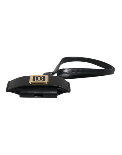 Dolce & Gabbana Schwarzer Lederriemen Gold Metall Logo Plaque Airpods Fall