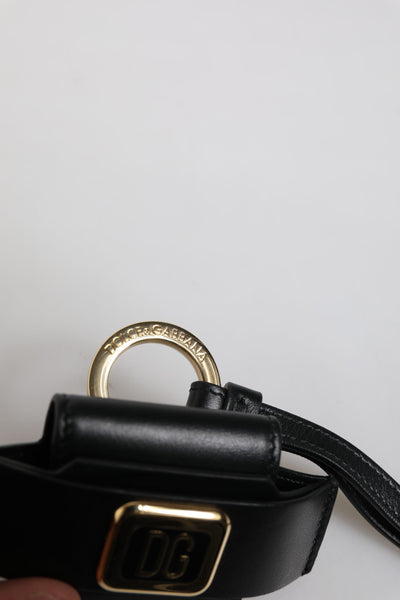 Dolce & Gabbana Schwarzer Lederriemen Gold Metall Logo Plaque Airpods Fall
