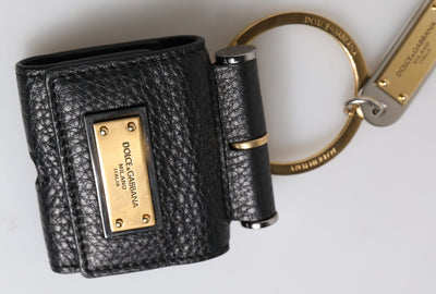 Dolce & Gabbana Schwarzer Lederriemen Gold Metall Logo Plaque Airpods Fall