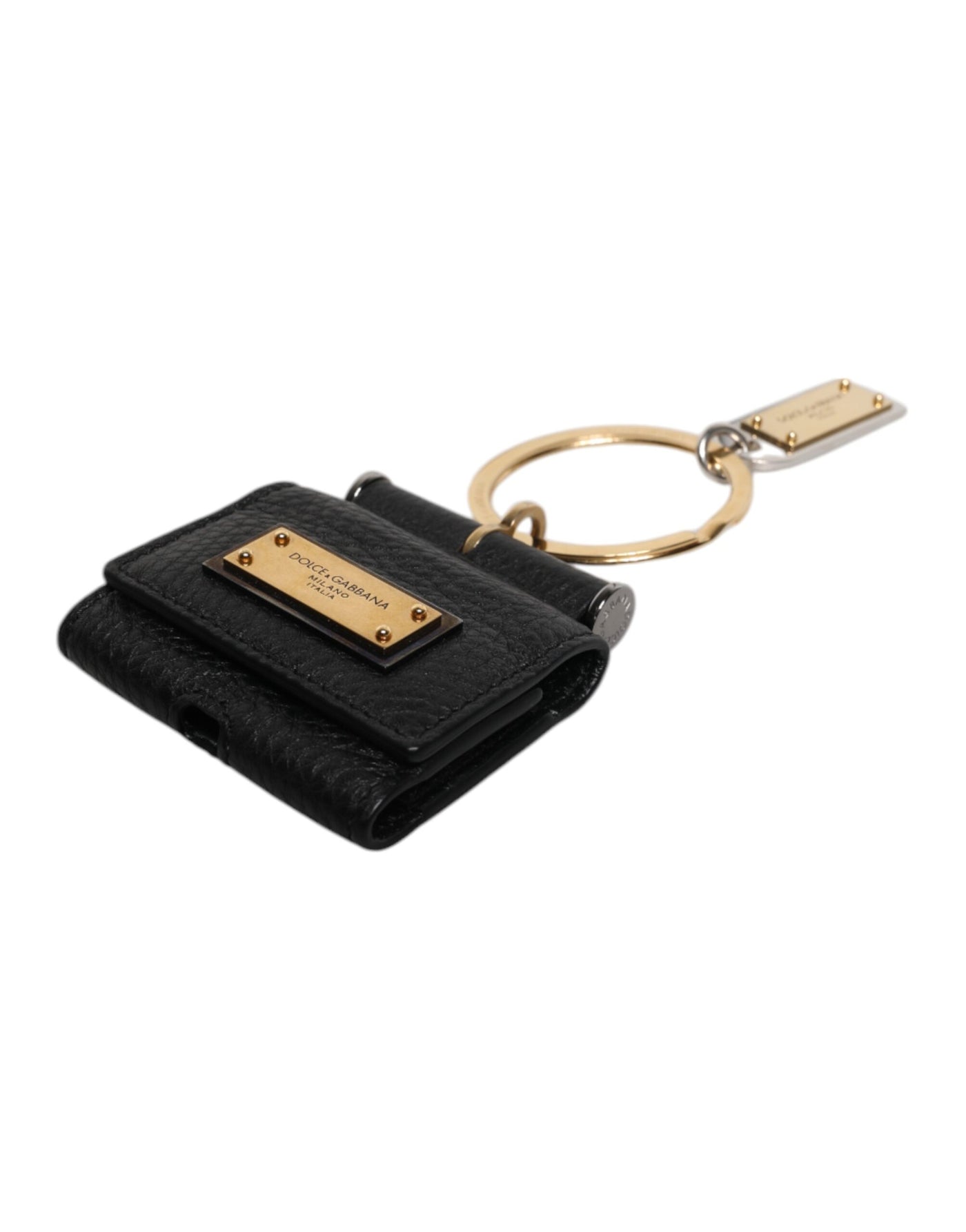 Dolce & Gabbana Schwarzer Lederriemen Gold Metall Logo Plaque Airpods Fall