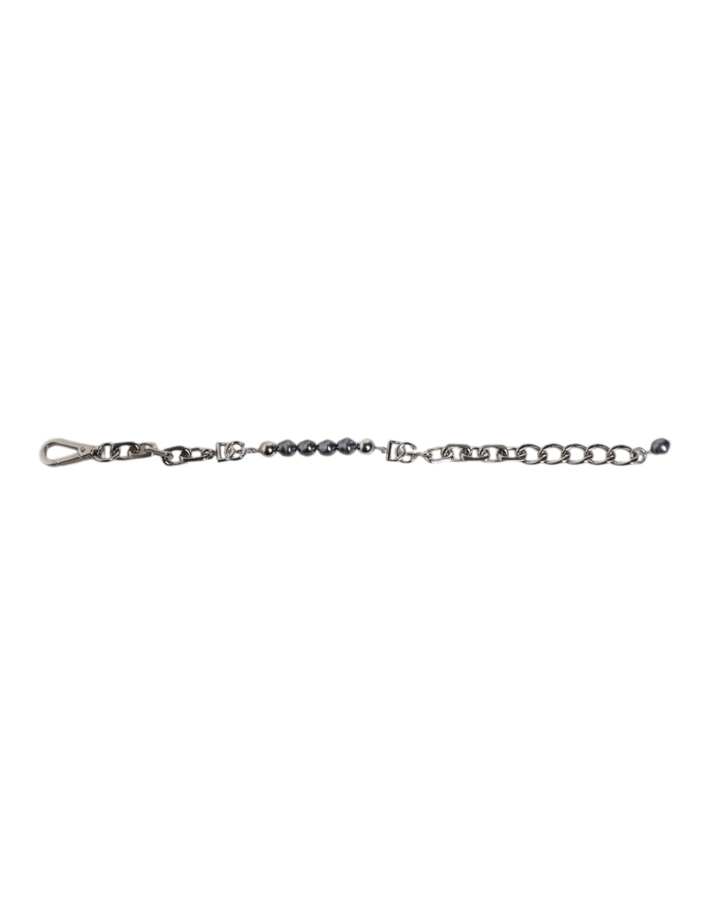 Dolce & Gabbana Silberfarbene Kette Karabinerverschluss Logo Graue Perlen Armband