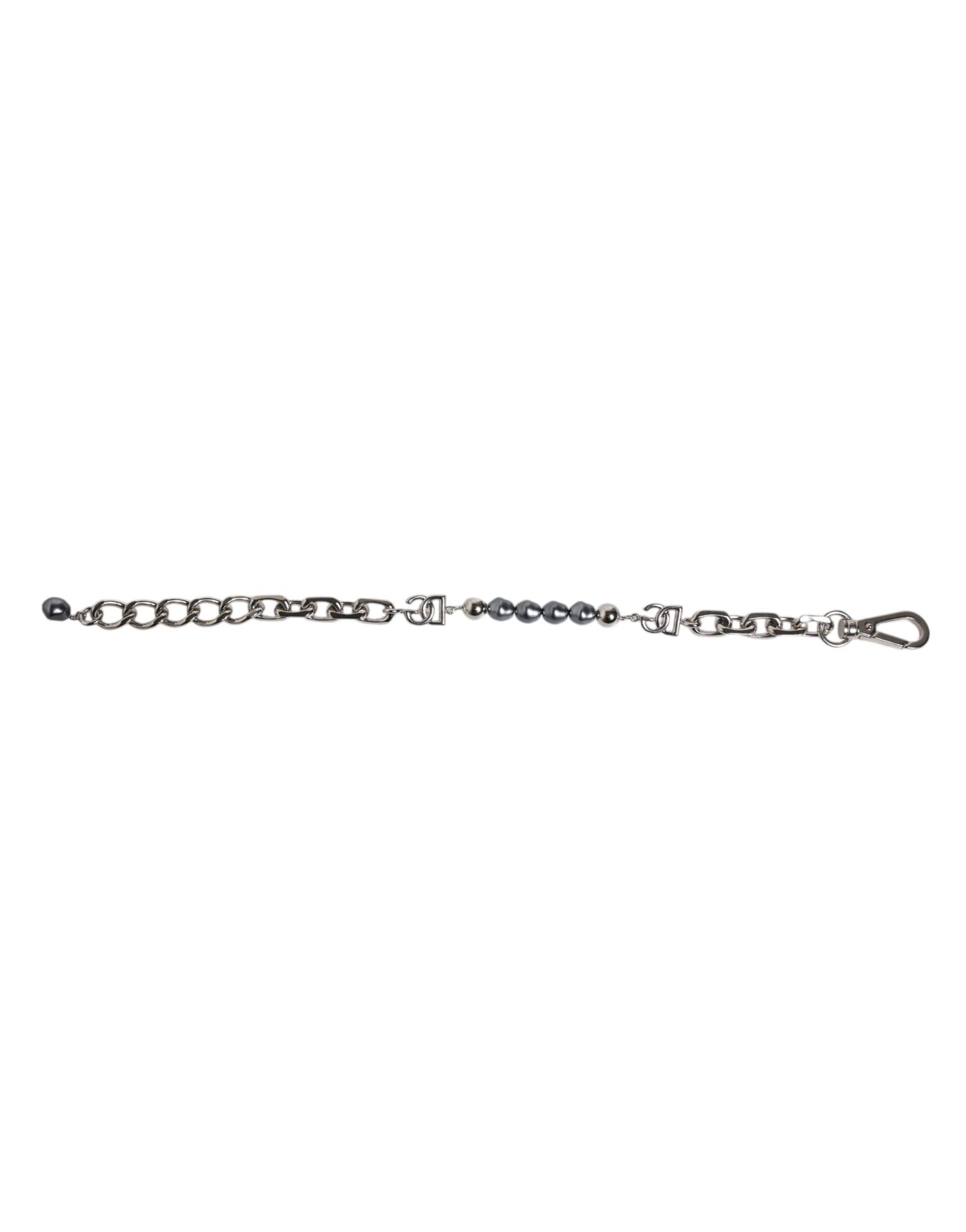 Dolce & Gabbana Silberfarbene Kette Karabinerverschluss Logo Graue Perlen Armband
