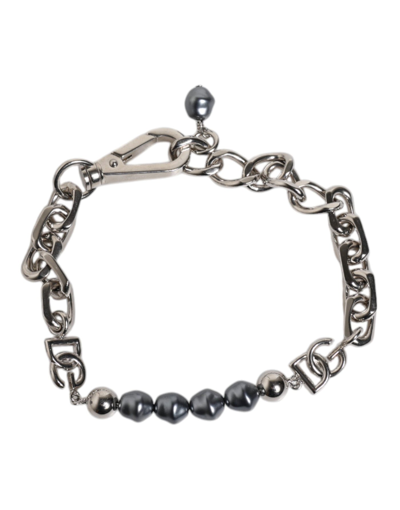 Dolce & Gabbana Silberfarbene Kette Karabinerverschluss Logo Graue Perlen Armband