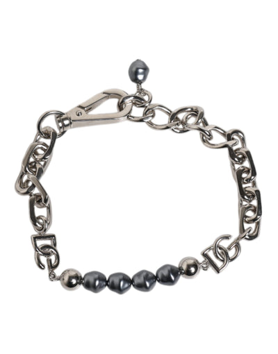 Dolce & Gabbana Silberfarbene Kette Karabinerverschluss Logo Graue Perlen Armband