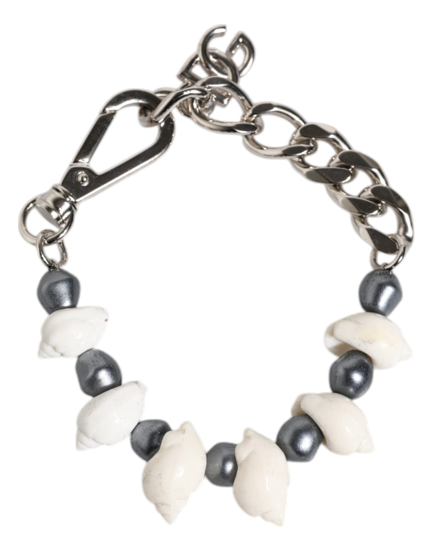 Dolce & Gabbana Silberfarbener Messing Perlen Muschel DG Logo Anhänger Armband