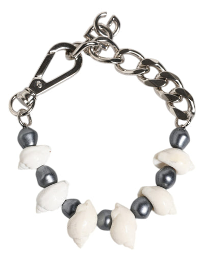 Dolce & Gabbana Silberfarbener Messing Perlen Muschel DG Logo Anhänger Armband