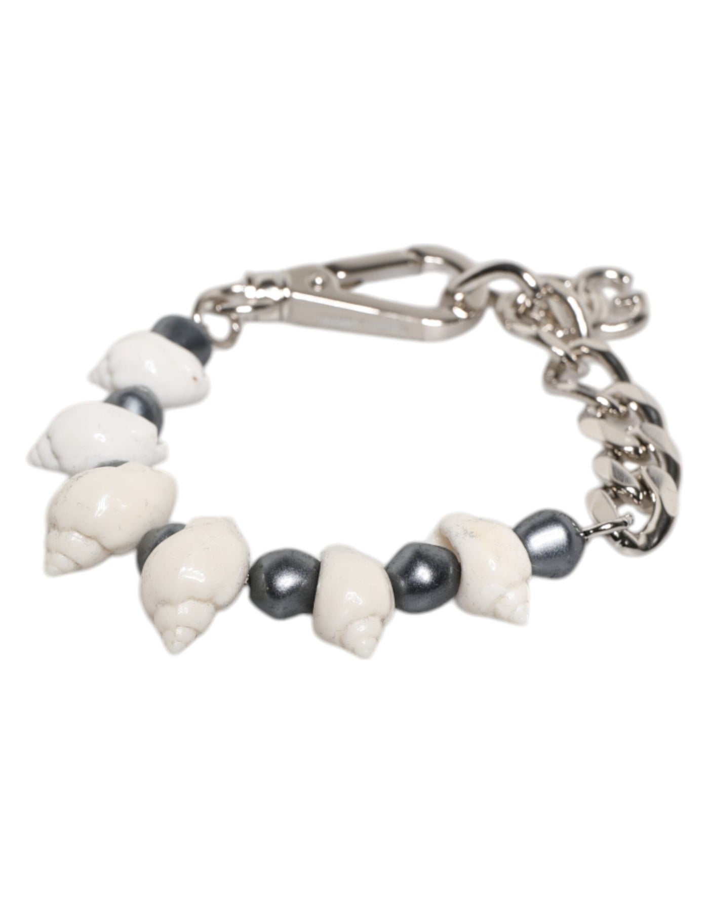 Dolce & Gabbana Silberfarbener Messing Perlen Muschel DG Logo Anhänger Armband