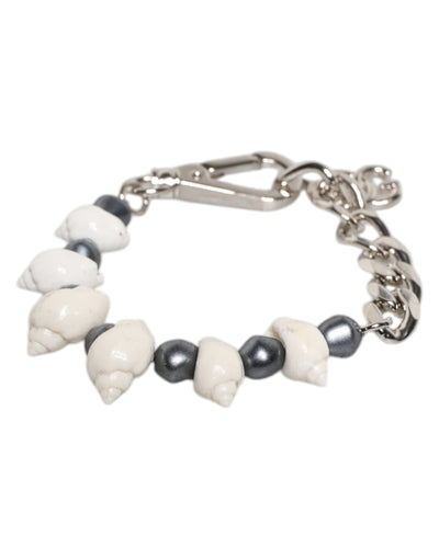 Dolce & Gabbana Silberfarbener Messing Perlen Muschel DG Logo Anhänger Armband