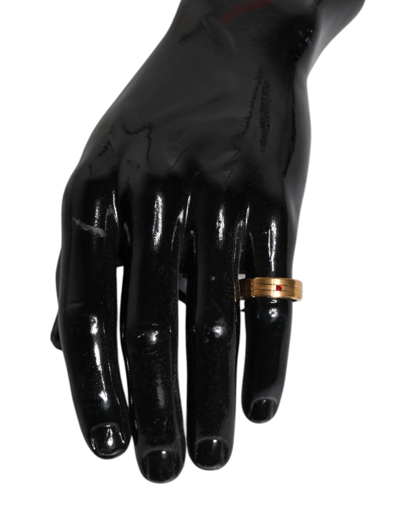 Dolce & Gabbana Goldfarbener Messingring mit rotem Kristall DG Logo