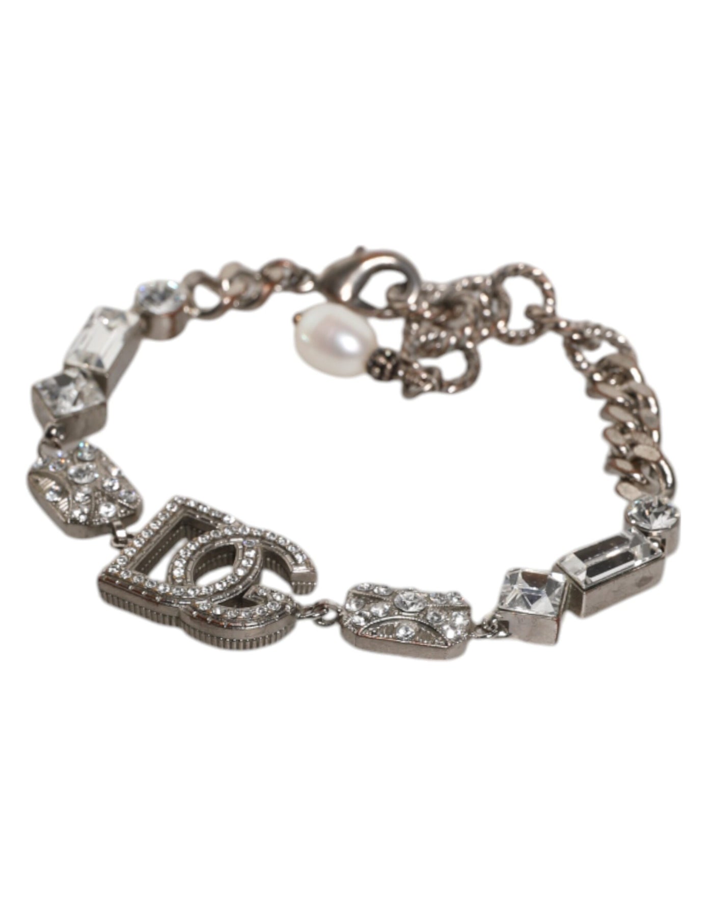 Dolce & Gabbana Silber Messing Kristall DG Logo Charm verschönert Armband