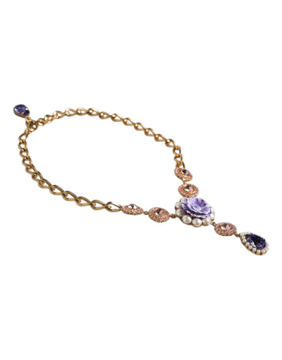 Dolce & Gabbana Gold Messing Floral Kristalle Perlen verschönert Halskette