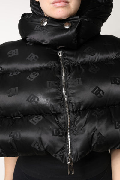Dolce & Gabbana Schwarze gepolsterte Kapuzenjacke mit durchgehendem Reißverschluss und Cropped Jacket