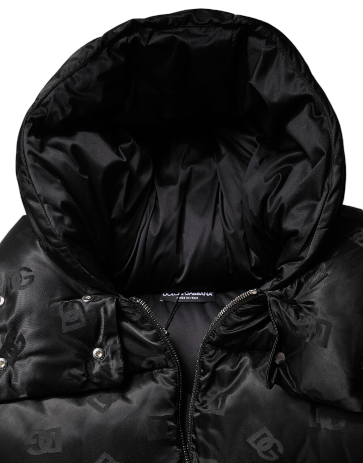 Dolce & Gabbana Schwarze gepolsterte Kapuzenjacke mit durchgehendem Reißverschluss und Cropped Jacket