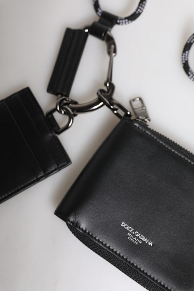 Dolce & Gabbana Schwarzes Leder Lanyard Zip Around Card Holder Wallet