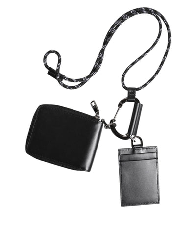 Dolce & Gabbana Schwarzes Leder Lanyard Zip Around Card Holder Wallet