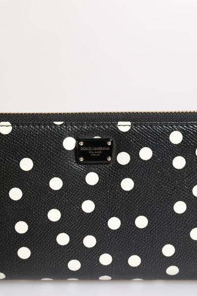 Dolce & Gabbana Schwarz-weiß gepunktetes Leder Zip Around Continental Brieftasche