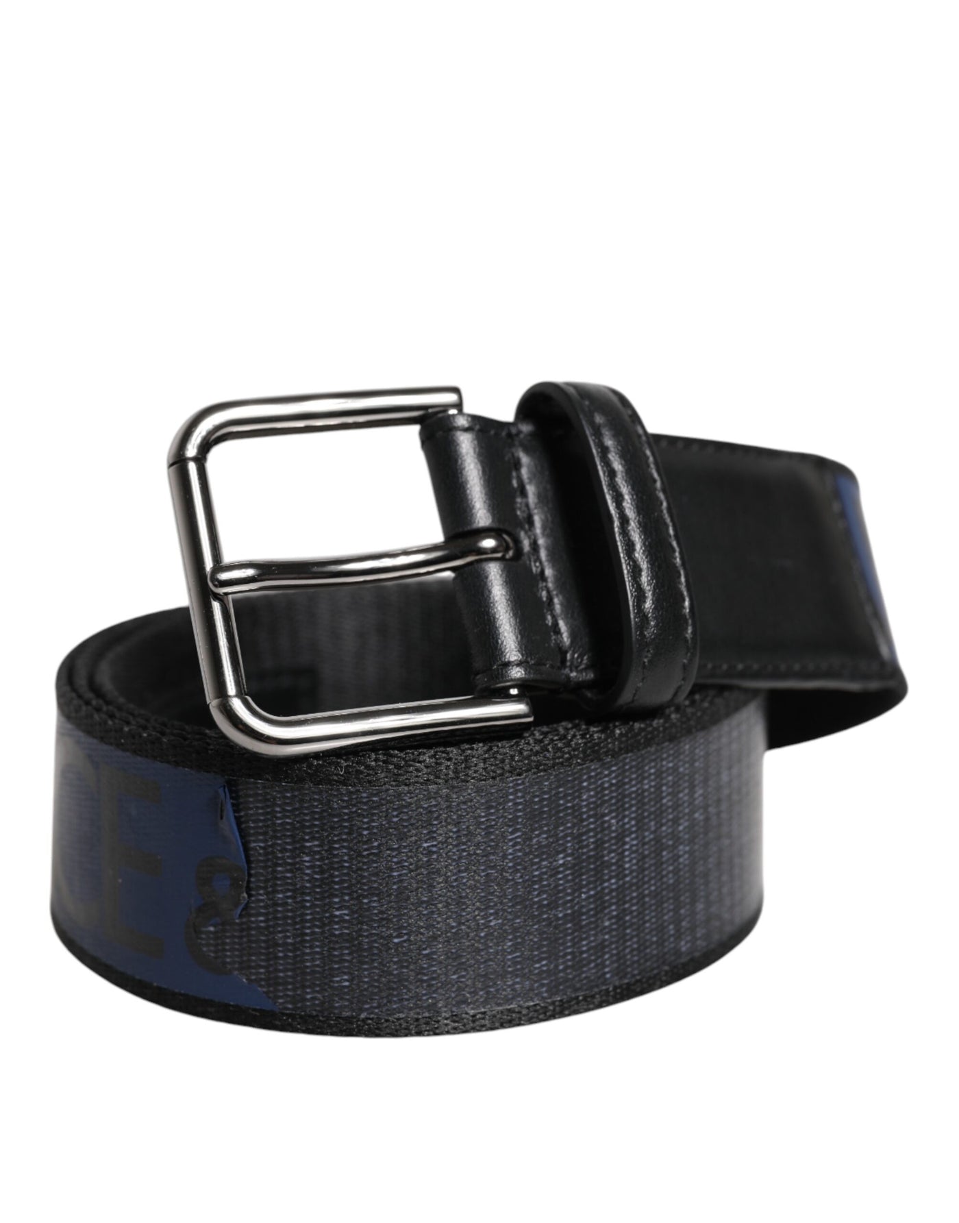 Dolce & Gabbana Schwarzer blauer Polyestergürtel mit gedruckter Metallschnalle