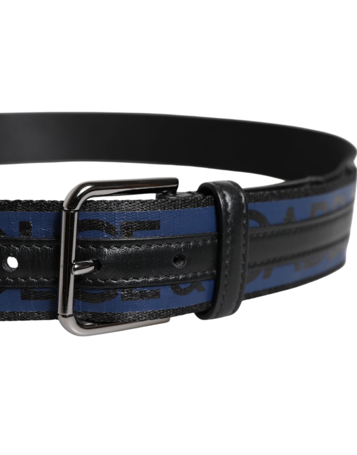Dolce & Gabbana Schwarzer blauer Polyestergürtel mit gedruckter Metallschnalle